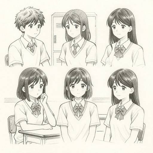 Black-and-white anime-style digital drawing of six schoolchildren with short to long dark hair, wearing school uniforms with bow ties, in a classroom setting,