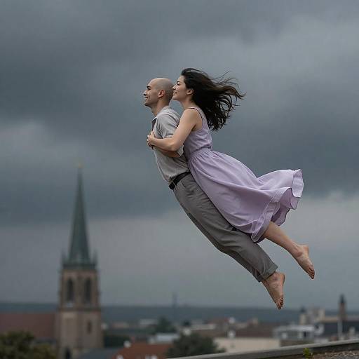 Couple Flying Mid-Air Over Cityscape