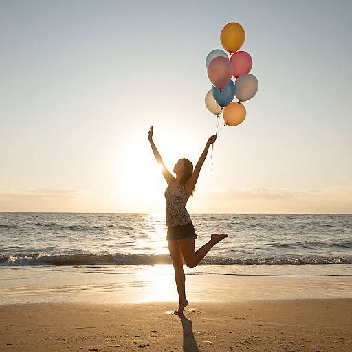 Photograph of a blonde woman in a white top and black shorts, joyfully jumping on a beach, holding colorful balloons, with the sunset behind her