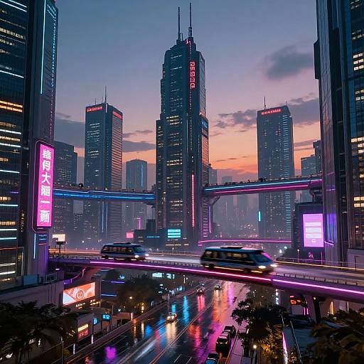 Neon-lit cyberpunk cityscape at dusk, featuring towering skyscrapers with glowing signs, bustling streets with blurred car lights, and a vibrant