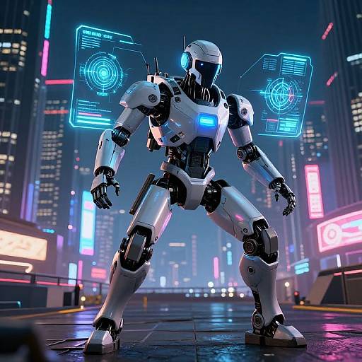CGI image of a white, futuristic, humanoid robot with glowing blue neon wings and chest, standing in a neon-lit, cyberpunk city street