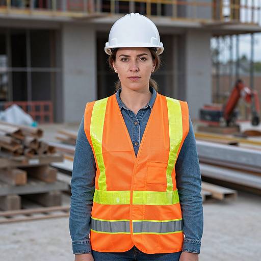 Photograph of a serious woman with light skin, brown hair in a white helmet, wearing an orange safety vest and denim shirt, standing in a construction