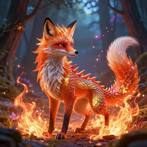 Digital artwork of a fiery, dragon-like fox standing amidst bright flames in a mystical forest, with glowing eyes and intricate scales.