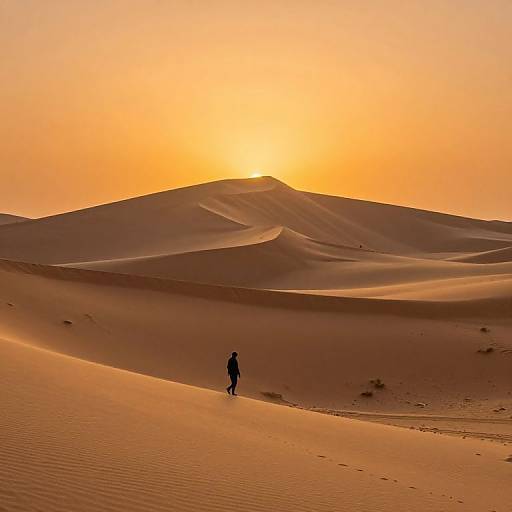 Silhouetted figure walking in vast, golden desert with rolling sand dunes under a vibrant, orange sunset; photograph capturing serene, expansive landscape.