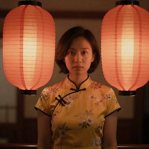 Asian Woman in Floral Dress with Lanterns