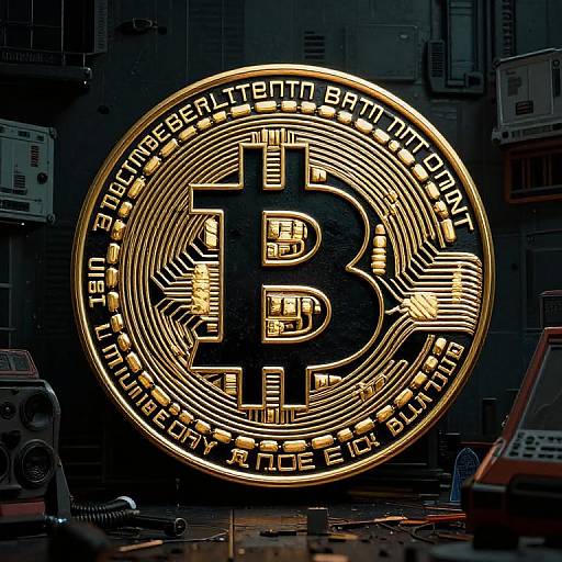 Digital CGI of a glowing, gold Bitcoin logo with intricate circuit patterns, illuminated in a dark, industrial control room.