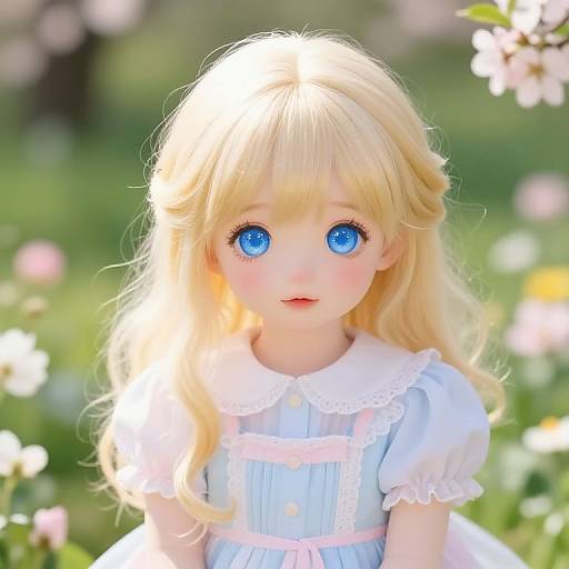Whimsical Blonde Girl in Spring Garden