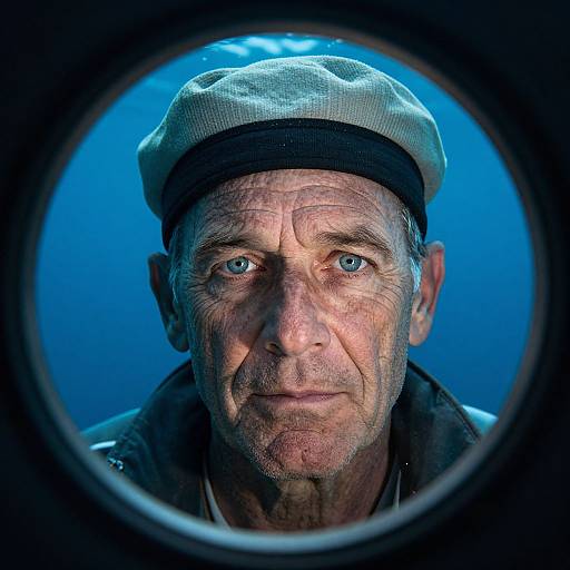 Photograph of an elderly man with wrinkled skin, blue eyes, and a white beret, seen through a circular lens against a blue background.