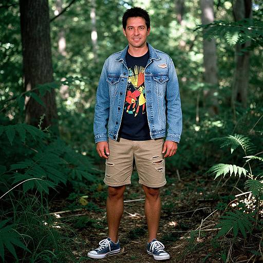 Photograph of a smiling man in a forest, wearing a denim jacket, graphic tee, beige shorts, and blue sneakers, standing on a dirt path