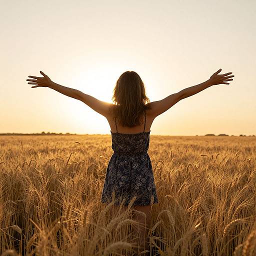 Photograph of a woman with arms outstretched, standing in a golden wheat field at sunset, wearing a blue floral dress.