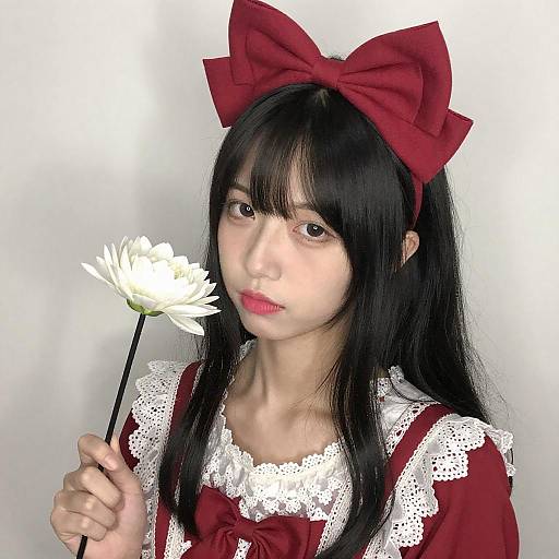 Asian Woman in Red Lace Dress