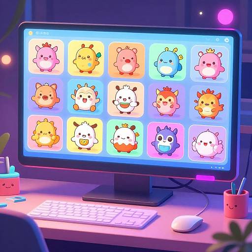 Neon-lit desk with colorful monitor displaying adorable, cartoon-like alien characters in a grid. Keyboard, mouse, and pink pen holder with smiling face
