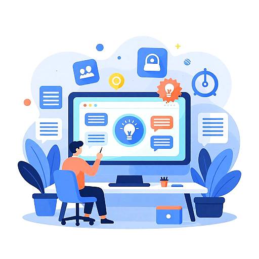 Illustration of a person in an orange shirt working on a blue desk with a large monitor, surrounded by digital icons and blue plants.