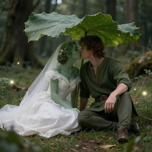 Forest Wedding Kiss Beneath Giant Leaf