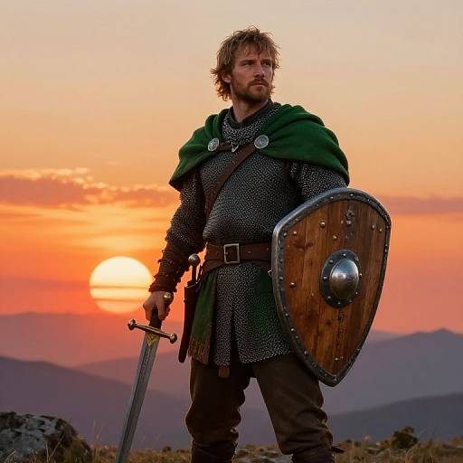 Medieval warrior stands at sunset, holding sword in right hand, wooden shield in left, with green cloak and chainmail armor. Vibrant orange and