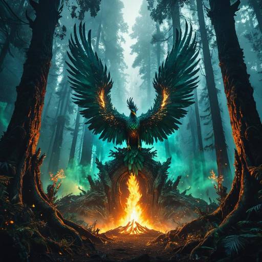 Colossal Phoenix in Ancient Misty Forest