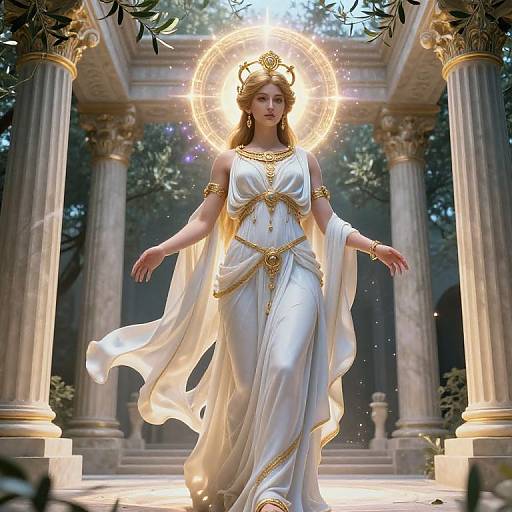 Digital art of a divine, golden-haired woman in a white, gold-embellished gown, glowing halo, standing in an ancient, columned