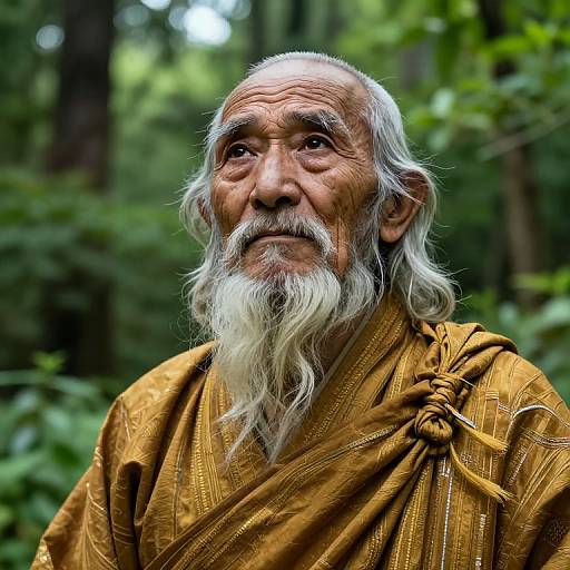 Photograph of an elderly man with a long white beard, wearing a golden-brown, patterned robe, standing in a lush, green forest.