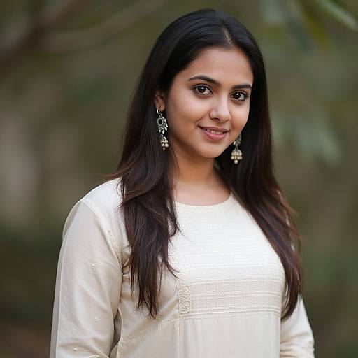 Photograph of a young Indian woman with long black hair, wearing a white traditional kurti, and ornate earrings, smiling against a blurred green
