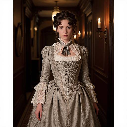 Photograph of a young woman in a Victorian-style, lace-trimmed, grey corset dress, standing in a dimly lit, ornate