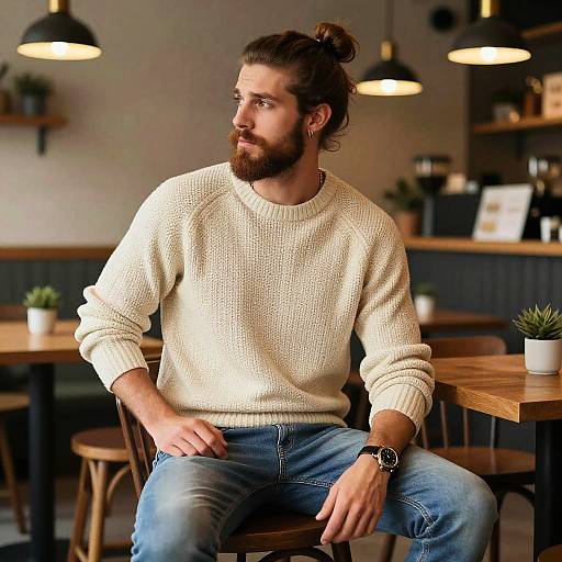 Photograph of a bearded man with a top knot, wearing a cream sweater and blue jeans, sitting in a cozy cafe.