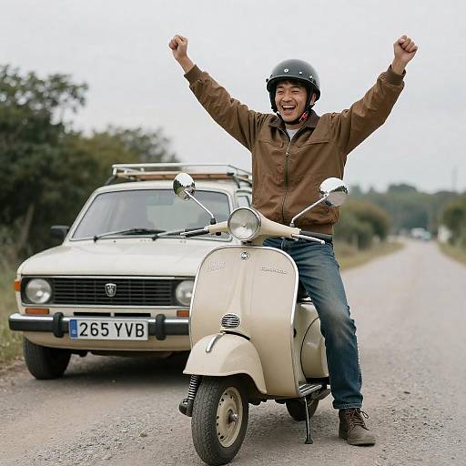 Smiling Man with Vintage Scooter and Car