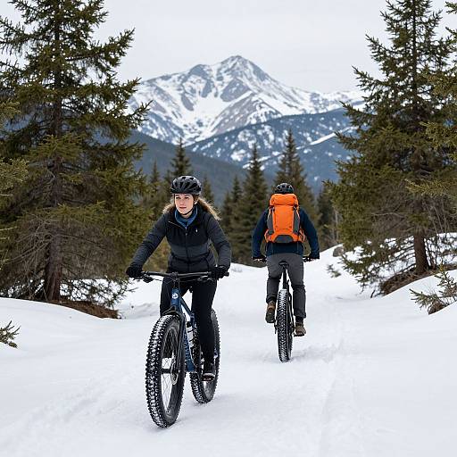 Cyclists on Snowy Mountain Trail