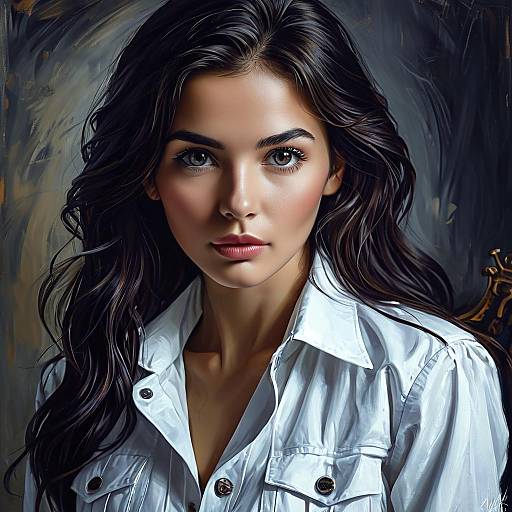 Digital portrait of a beautiful young woman with long, wavy black hair, wearing a white button-up shirt, against a dark, abstract background.