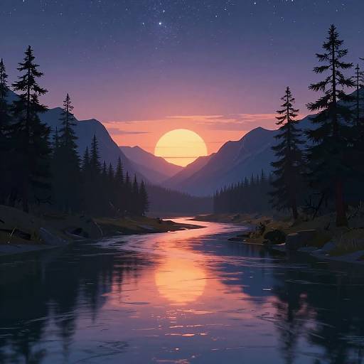 Serene Cyberpunk Mountain River Sunset