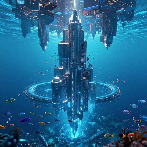 Digital artwork of a futuristic underwater city with tall, illuminated skyscrapers surrounded by colorful fish and a circular structure, bathed in vibrant blue light.