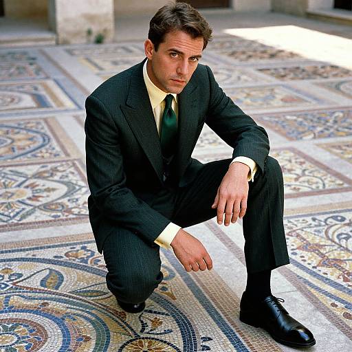 Photograph of a serious, brown-haired man in a black pinstripe suit, yellow shirt, and green tie, squatting on ornate mosaic