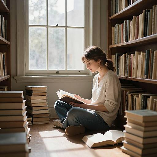 Photograph of a young woman with brown hair in a ponytail, wearing a white blouse and blue jeans, sitting on the wooden floor of a sun