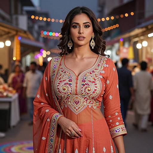 Photograph of a beautiful Indian woman with medium brown skin, dark wavy hair, wearing an ornate, red embroidered traditional kurti, large