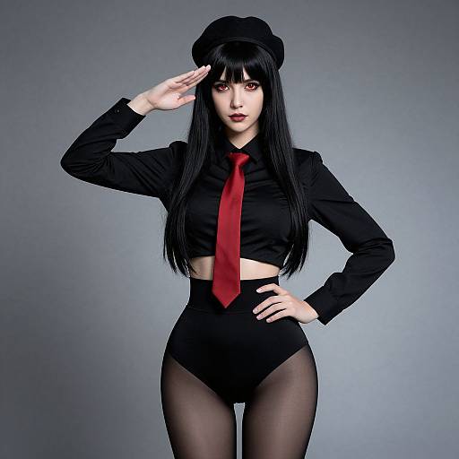 Photograph of an Asian woman with long black hair, wearing a black beret, long-sleeve black shirt, red tie, black high-w