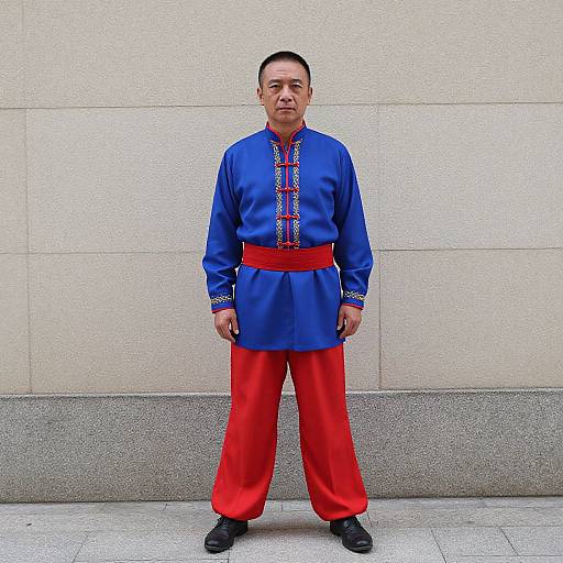 Photograph of a middle-aged Asian man standing against a beige wall, wearing a blue embroidered shirt, red pants, red belt, and black shoes.