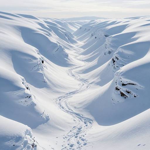 Photograph of a snow-covered mountainous landscape with winding footprints, bright white snow, and light blue shadows, creating a textured, serene winter scene
