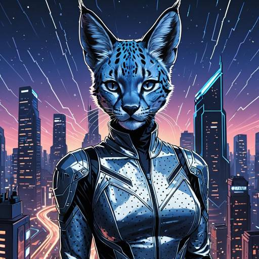 Futuristic Anthro Cobalt Serval in Neon Cityscape