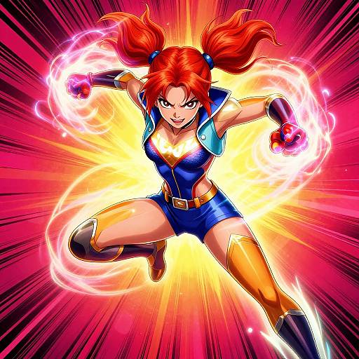 Vibrant digital artwork of a fierce red-haired woman in a blue and yellow superhero outfit, energetically kicking with glowing magic swirls, set