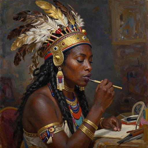 Dark Skinned Native American Woman in Gold Headdress