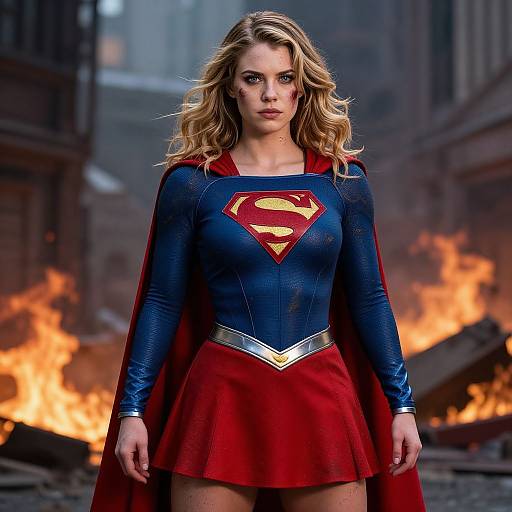 Photograph of a blonde, blue-eyed woman in a Supergirl costume with red skirt and cape, standing confidently against a fiery, urban background.