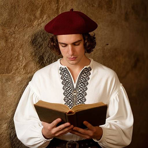Photograph of a young man with curly dark hair, wearing a maroon beret and white shirt with black embroidery, reading a book against a textured