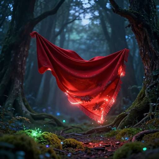 Glowing Red Shawl in Mystical Forest