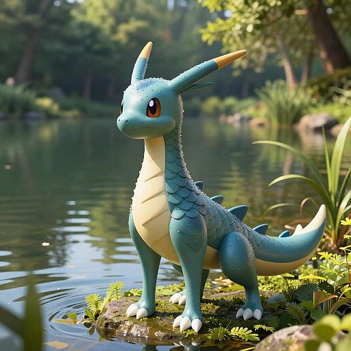 Photorealistic CGI of a cute, blue-scaled, dragon-like creature with yellow horns and orange eyes, standing on a mossy rock by a