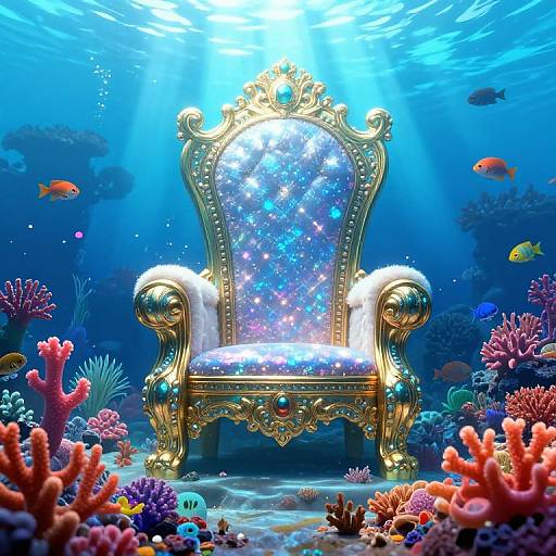 Underwater throne with golden ornate frame, starry cushion, surrounded by vibrant coral reefs and colorful fish, illuminated by sunlight.