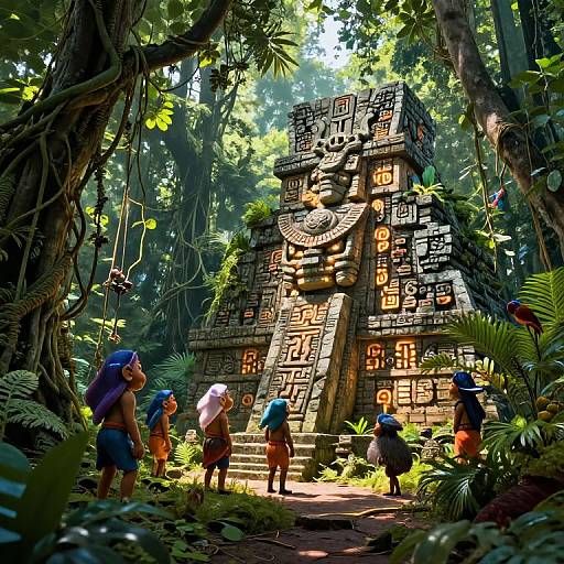 Digital artwork of an ancient, glowing jungle temple with intricate carvings, surrounded by lush greenery. Five adventurers in colorful outfits and headgear approach