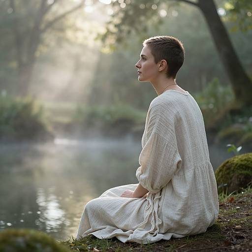 Photograph of a fair-skinned man with short brown hair, wearing a loose white linen dress, sitting by a misty forest pond, sunlight filtering