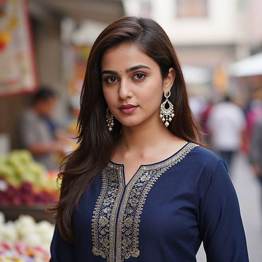 Realistic Portrait of Girl in Blue Dress