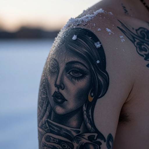 Photograph of a tattooed arm with a detailed black-and-gray portrait of a woman, snowflakes on her skin, against a blurred winter background
