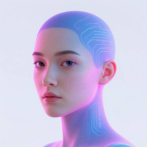 Digital CGI portrait of a bald, androgynous figure with glowing blue and pink circuit patterns on the skin, against a bright white background.