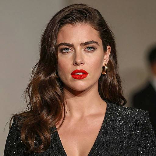 Portrait of Woman with Red Lipstick and Black Glittery Top